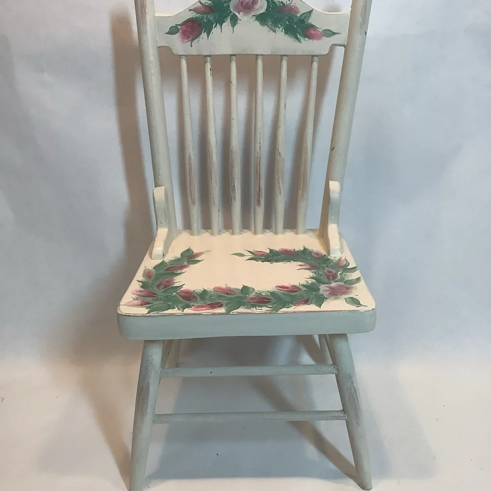 Hand Painted Doll Size Chair Rose Bud Artist Signed 12” Wood White Pink Green
